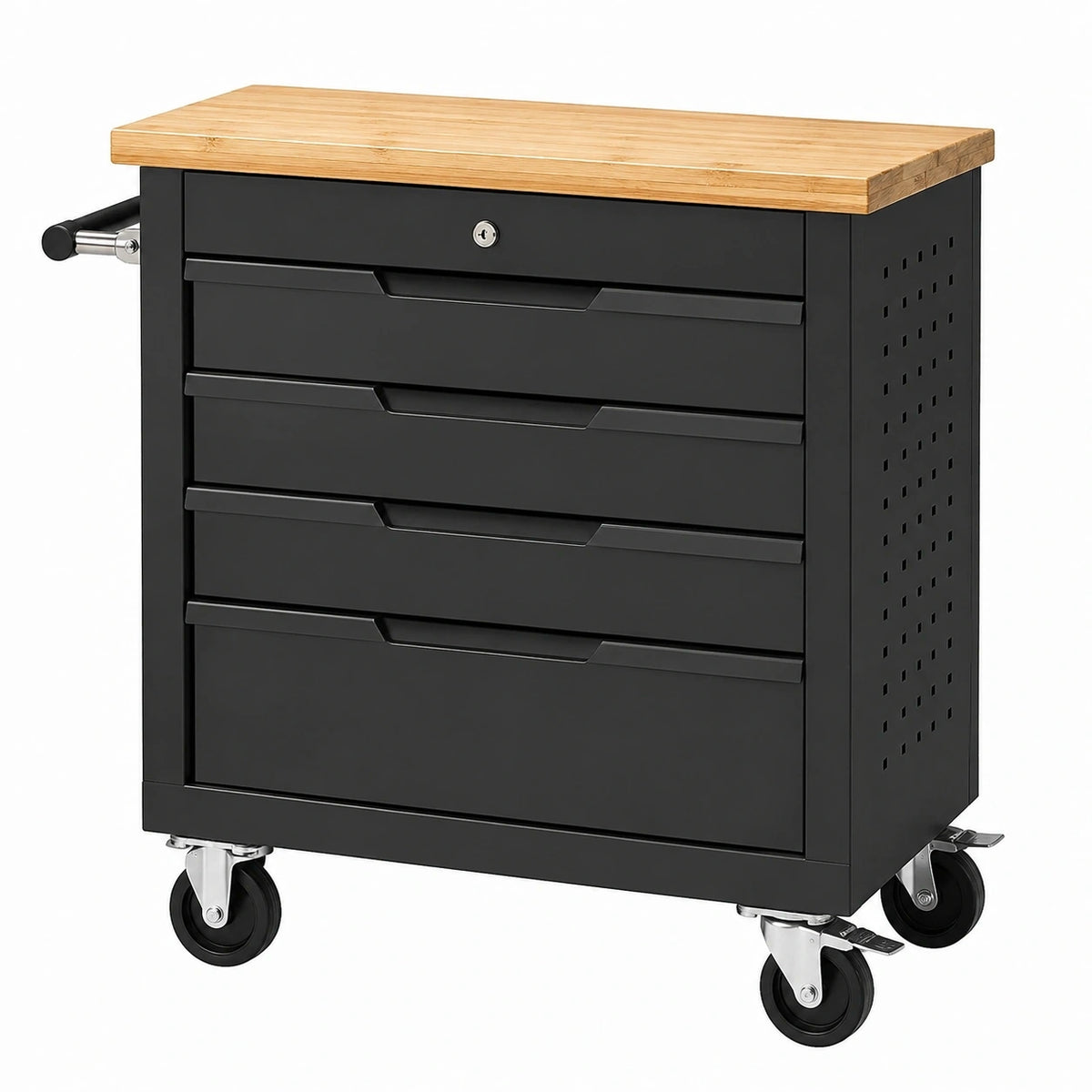 Chariot à outils Xelqavi en acier noir avec plateau en bambou et 5 tiroirs mobiles, dimensions 78x46x95 cm