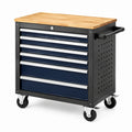 Chariot à outils Xelqavi en acier noir et bleu, avec plan de travail en bois et 7 tiroirs verrouillables.