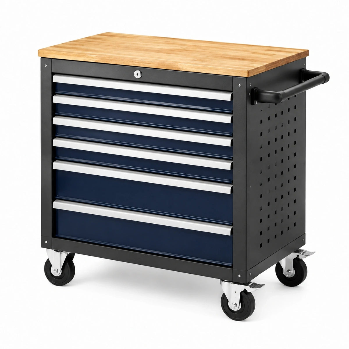 Chariot à outils Xelqavi en acier noir et bleu, avec plan de travail en bois et 7 tiroirs verrouillables.