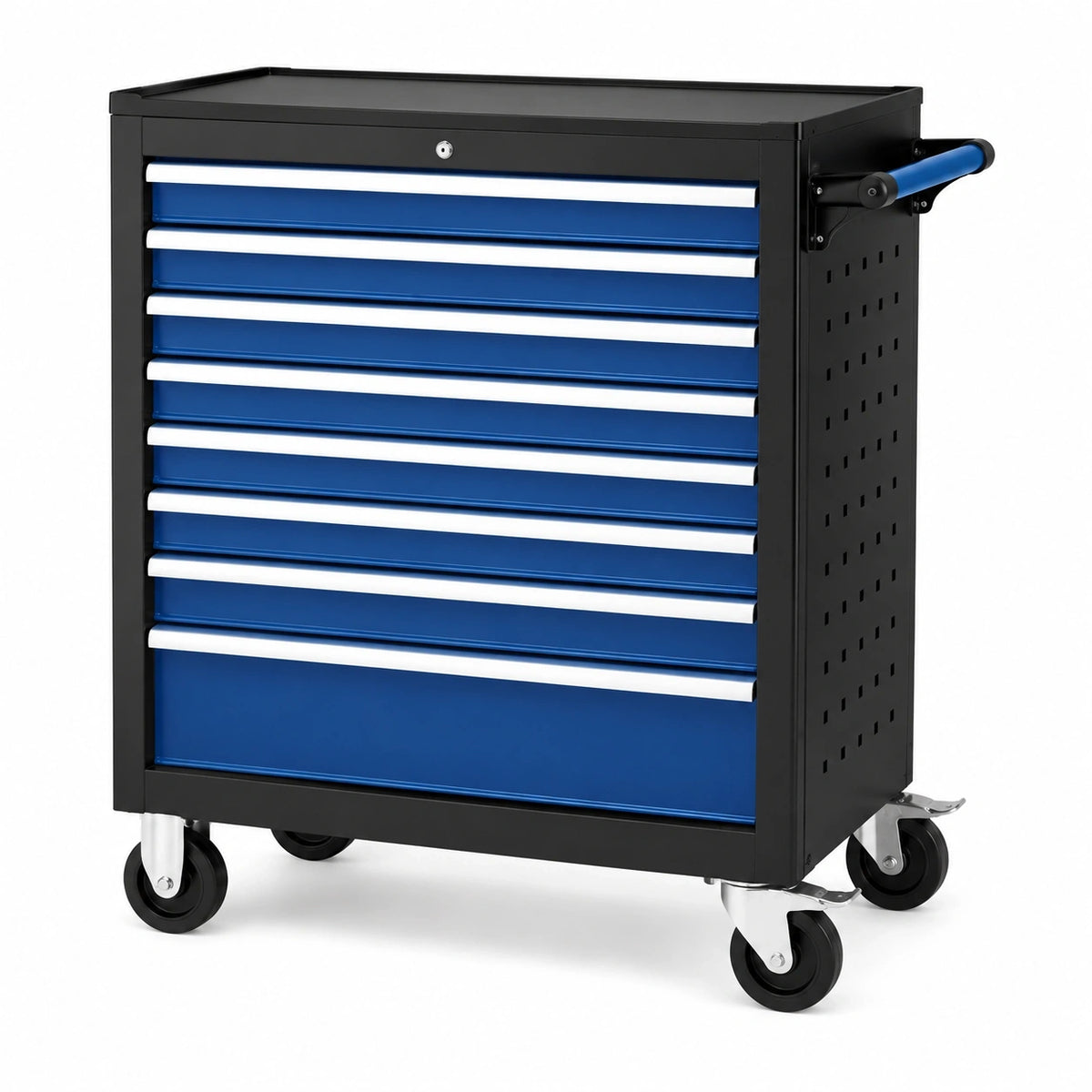 Chariot à outils Xelqavi en acier noir et bleu, avec 7 tiroirs sur roulettes, dimensions 77x46x97 cm, pour atelier.