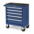 Chariot à outils Xelqavi en acier bleu, servante d'atelier mobile avec 5 tiroirs, dimensions 77x46x97 cm.