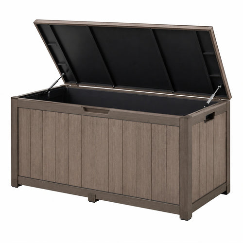 Coffre de rangement extérieur en résine gris brun avec couvercle assisté, dimensions 150x70x70 cm, de la marque Xelqavi.