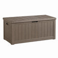 Coffre de rangement extérieur Xelqavi en résine taupe aspect bois, dimensions 120x55x60 cm avec couvercle robuste