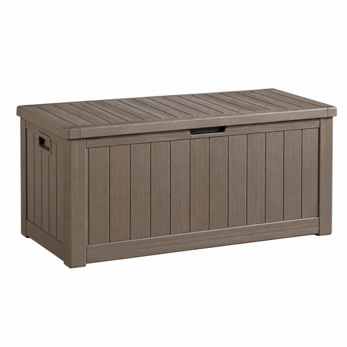 Coffre de rangement extérieur Xelqavi en résine taupe aspect bois, dimensions 120x55x60 cm avec couvercle robuste