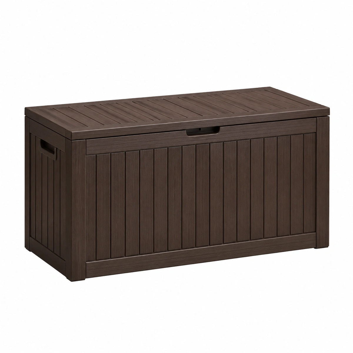 Coffre de rangement extérieur Xelqavi en résine marron, 120 x 62 x 63 cm, avec couvercle pour rangement extérieur durable.