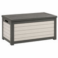 Coffre de rangement extérieur Xelqavi en résine gris anthracite et beige imitation bois, 150 x 75 x 70 cm.
