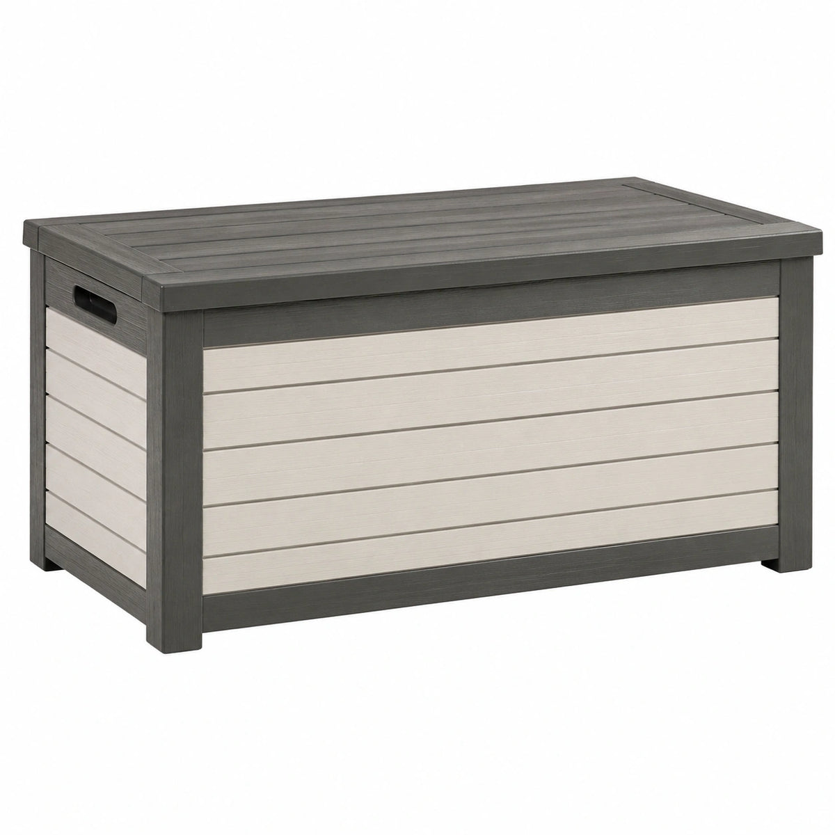 Coffre de rangement extérieur Xelqavi en résine gris anthracite et beige imitation bois, 150 x 75 x 70 cm.