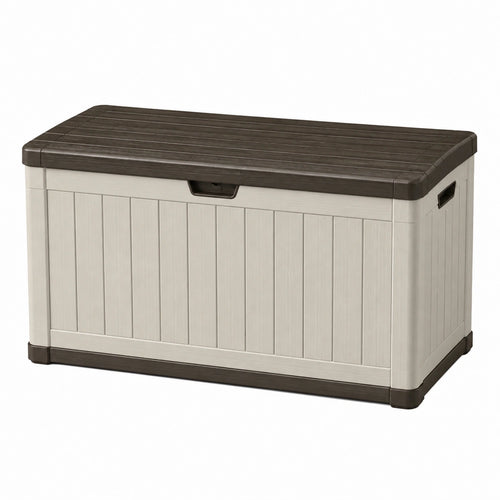 Coffre de rangement Xelqavi en résine beige et brun, extérieur, avec assise, dimensions 120 x 60 x 63 cm, pour jardin ou terrasse