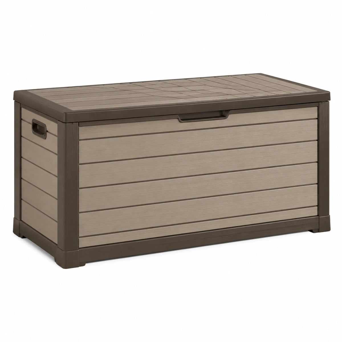 Coffre de rangement extérieur en résine taupe, 120x60x60 cm, résistant aux intempéries, de la marque Xelqavi.
