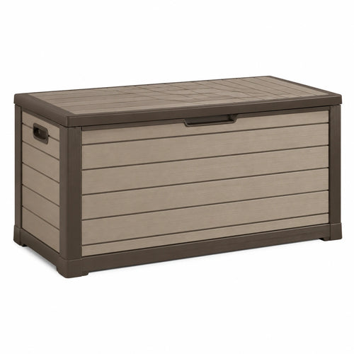 Coffre de rangement extérieur en résine taupe, 120x60x60 cm, résistant aux intempéries, de la marque Xelqavi.