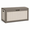 Coffre de rangement extérieur Xelqavi en résine gris taupe et beige, 120x60x58 cm avec couvercle solide.