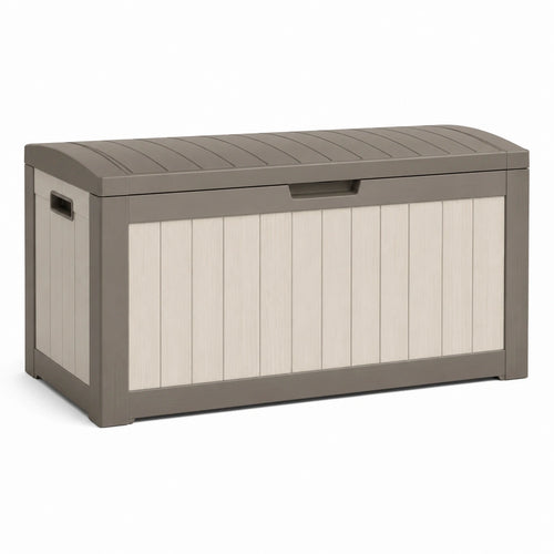 Coffre de rangement extérieur Xelqavi en résine gris taupe et beige, 120x60x58 cm avec couvercle solide.