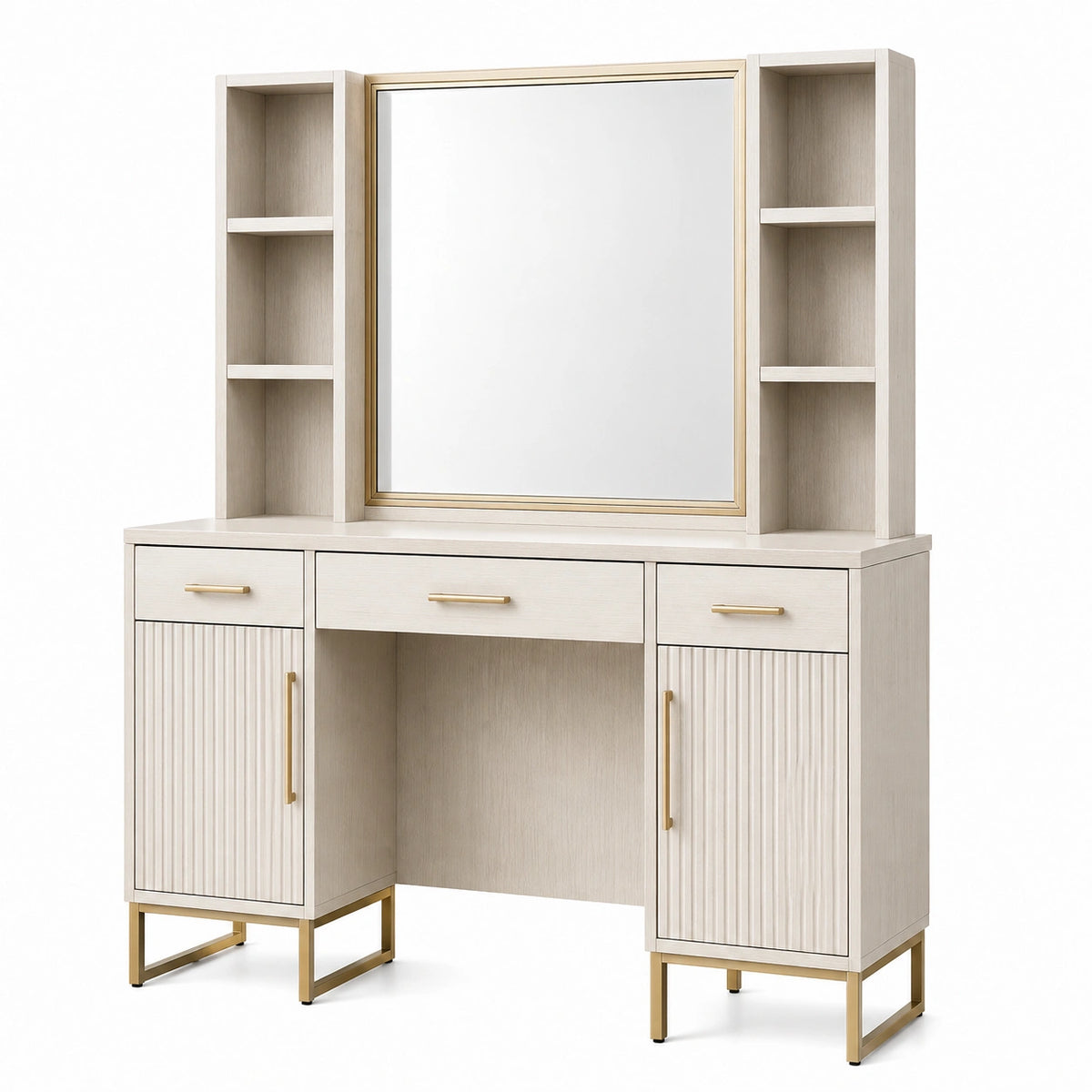 Coiffeuse Xelqavi en panneaux de bois blanc cassé, miroir intégré et rangements, style contemporain, dimensions 120x45x180 cm.