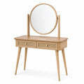 Coiffeuse en bois naturel Xelqavi avec miroir pivotant et tiroirs, style rétro, dimensions 100x45x145 cm.