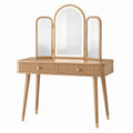 Coiffeuse en bois beige Xelqavi avec miroir triptyque éclairé et deux tiroirs, dimensions 120x45x145 cm.