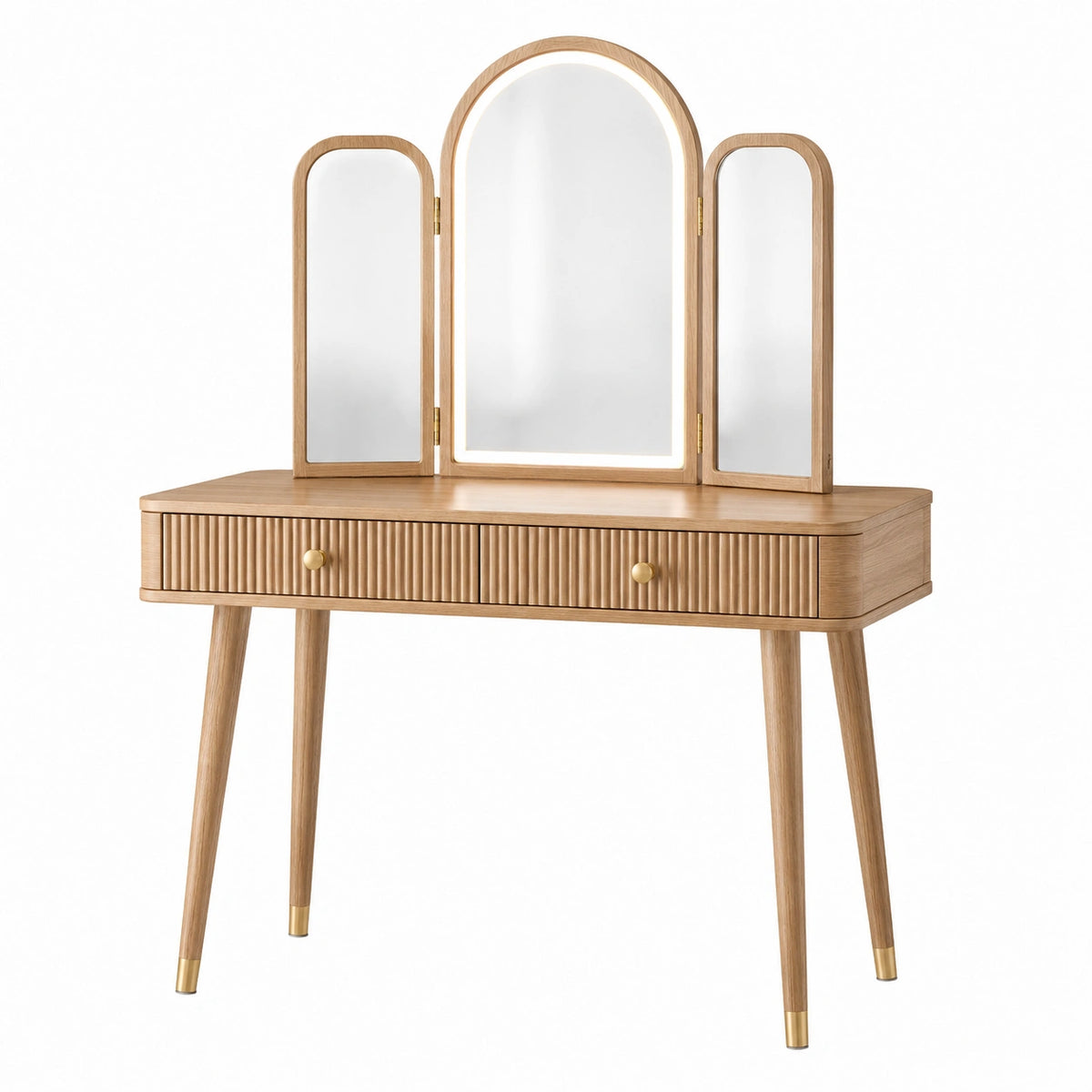 Coiffeuse en bois beige Xelqavi avec miroir triptyque éclairé et deux tiroirs, dimensions 120x45x145 cm.