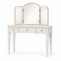 Coiffeuse blanche et dorée Xelqavi de 120 cm avec miroir triptyque et 3 tiroirs style classique.