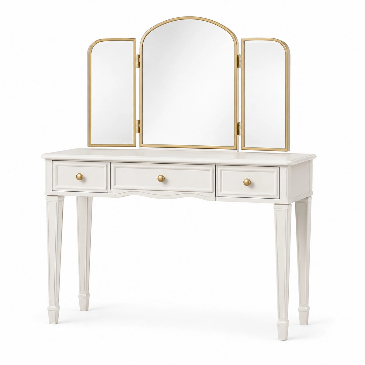 Coiffeuse blanche et dorée Xelqavi de 120 cm avec miroir triptyque et 3 tiroirs style classique.