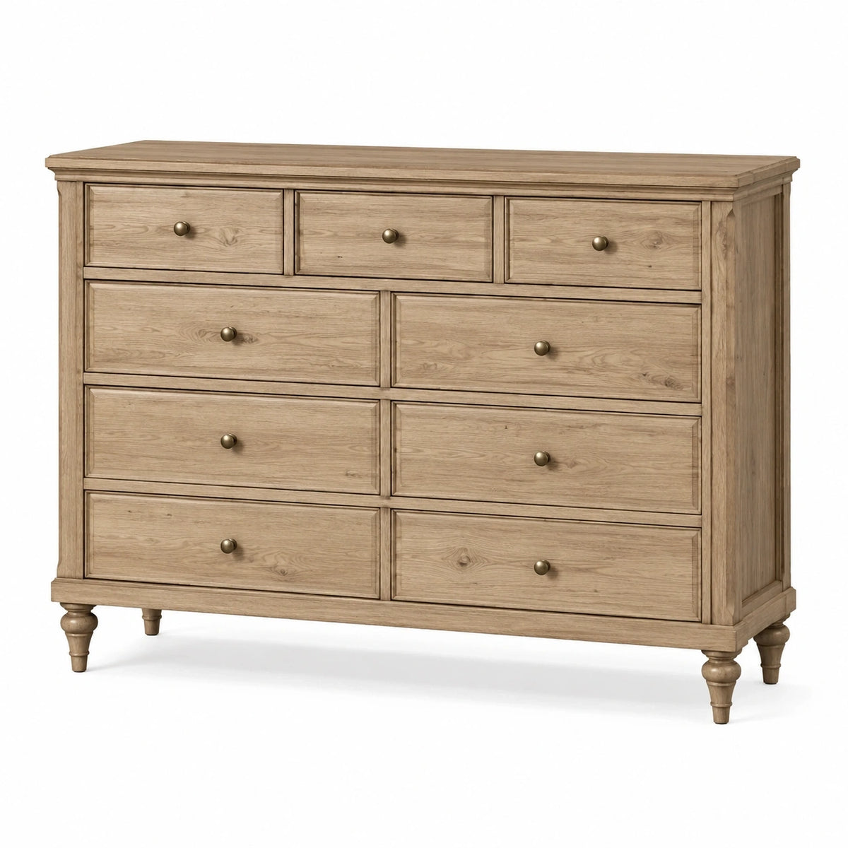 Commode en bois beige Xelqavi, style classique, 180x50x100 cm, avec 9 tiroirs visibles dans la photo.