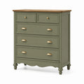 Commode en bois vert olive avec 5 tiroirs, style classique, dimensions 90x45x100 cm, meuble de rangement élégant.