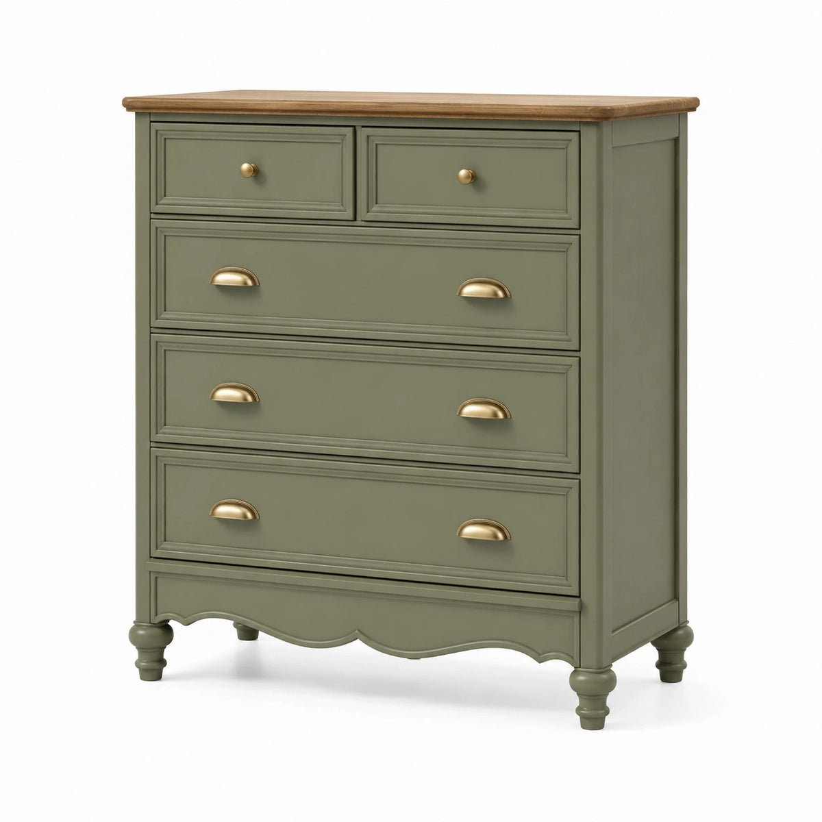 Commode en bois vert olive avec 5 tiroirs, style classique, dimensions 90x45x100 cm, meuble de rangement élégant.