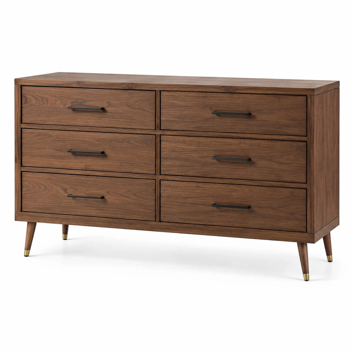 Commode en bois marron noyer avec 6 tiroirs, style rétro, dimensions 160x45x85 cm, meuble de rangement Xelqavi.