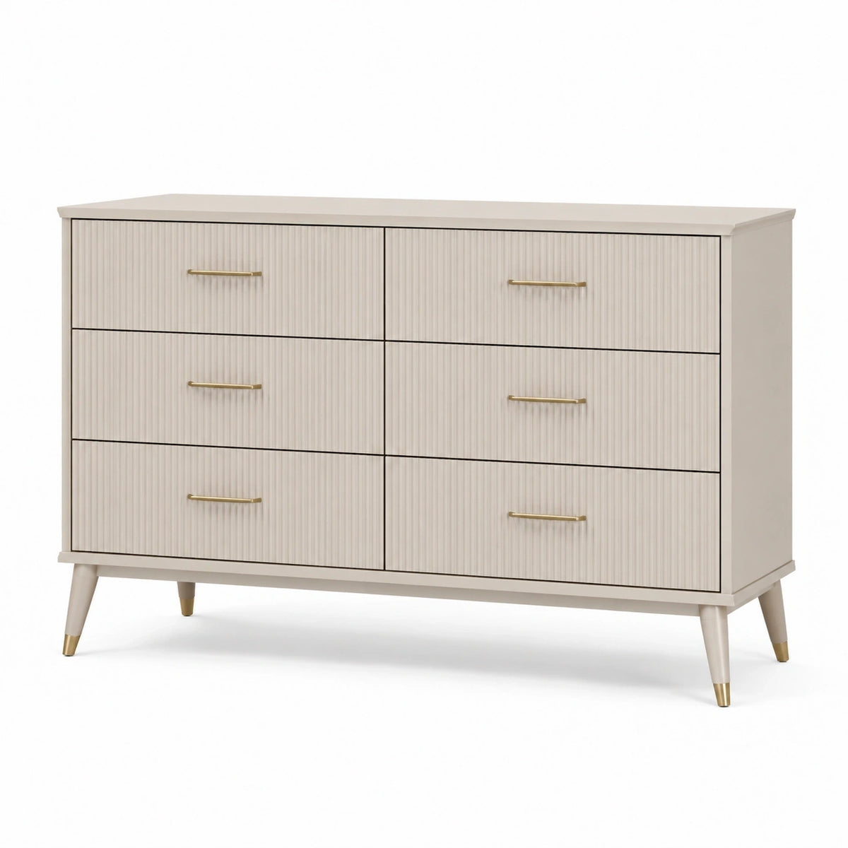 Commode Xelqavi en bois d'ingénierie beige avec 6 tiroirs, style contemporain, dimensions 140x40x85 cm.