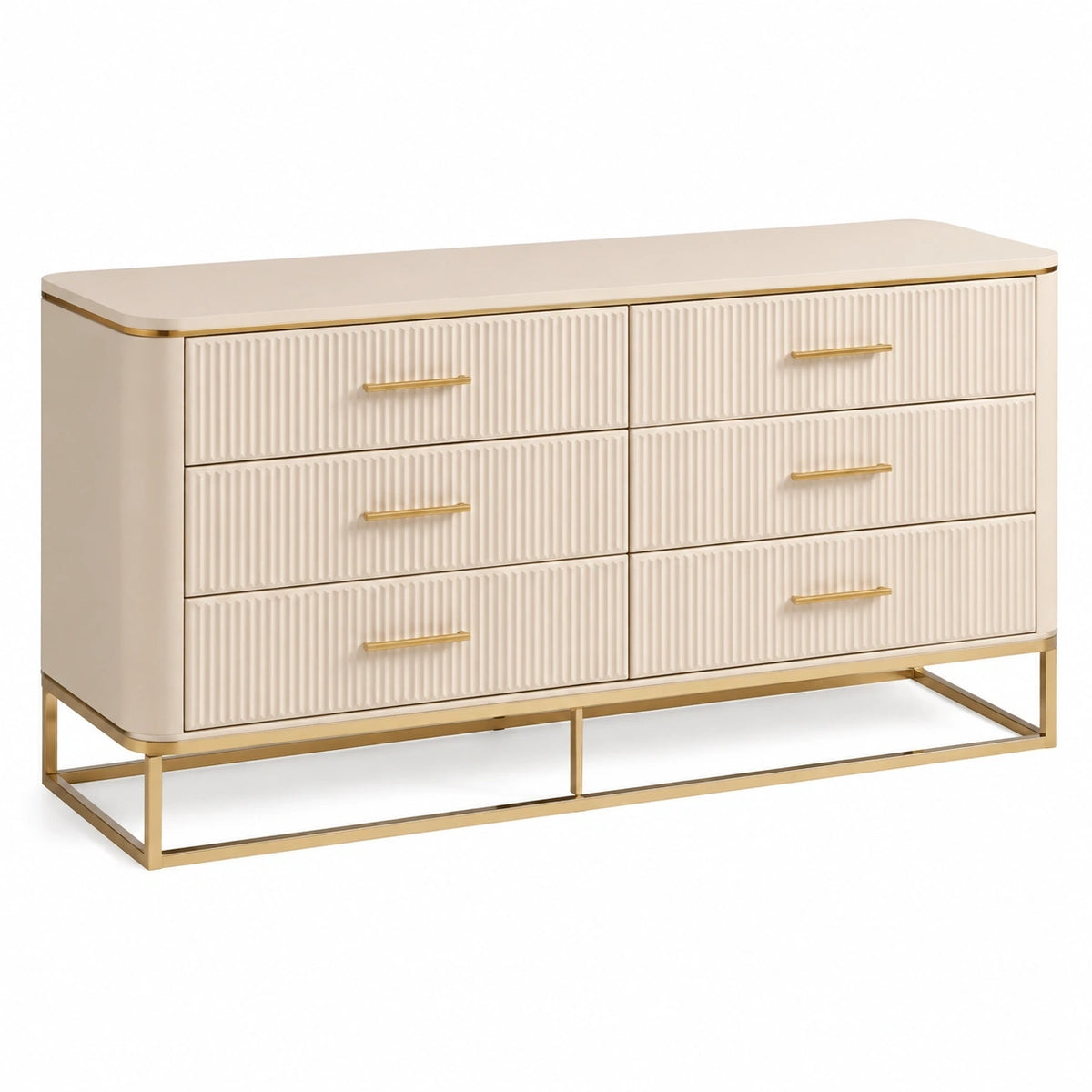 Commode contemporaine Xelqavi en bois beige et métal doré, 6 tiroirs, dimensions 160 x 45 x 85 cm, design élégant et moderne