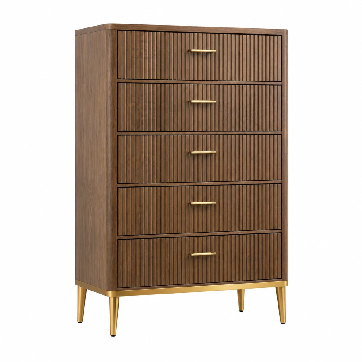 Commode Xelqavi en bois marron, style moderne, 80x40x130 cm avec 5 tiroirs pour rangement élégant.