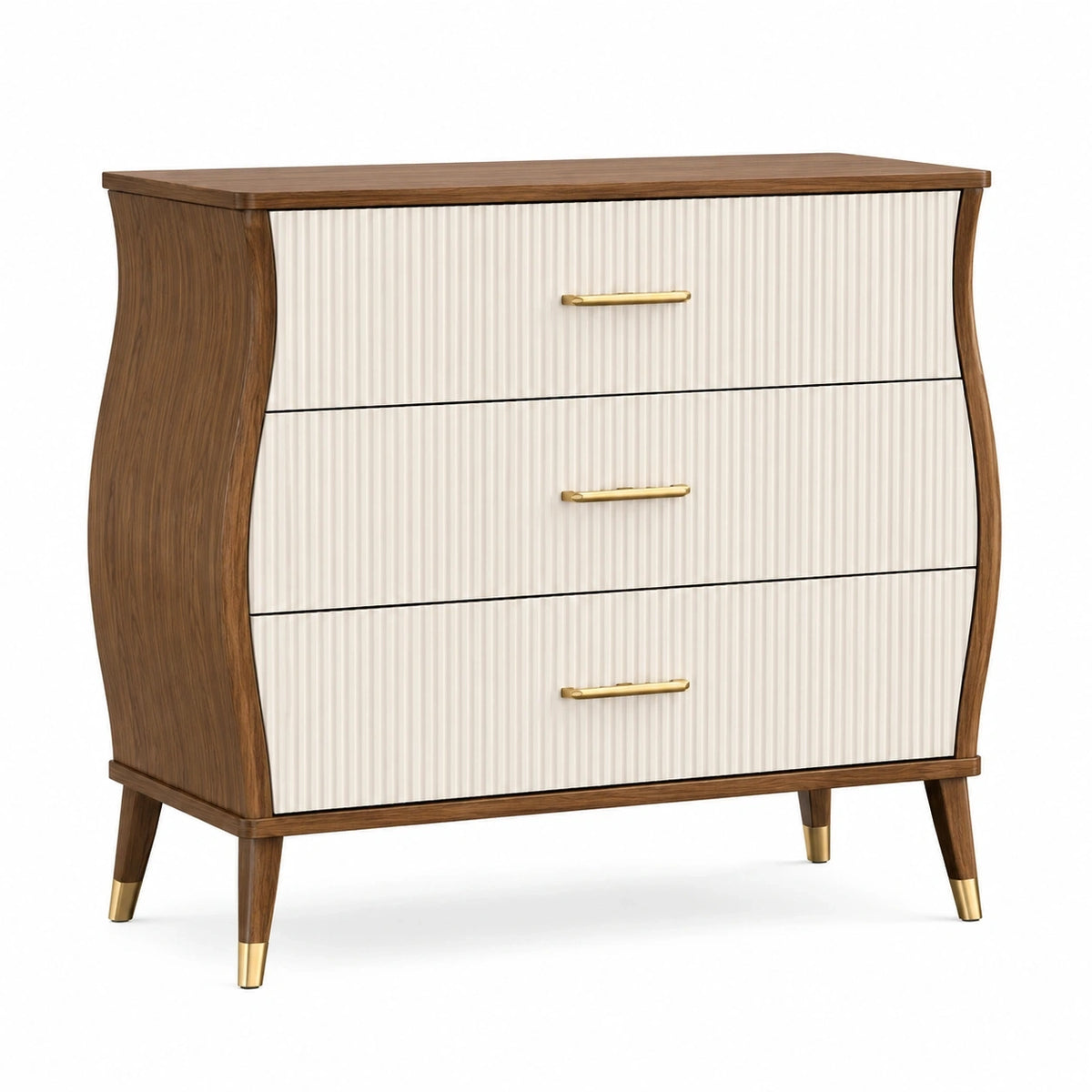 Commode rétro Xelqavi en panneaux de bois marron et blanc, 90x42x105 cm, avec 3 tiroirs élégants.