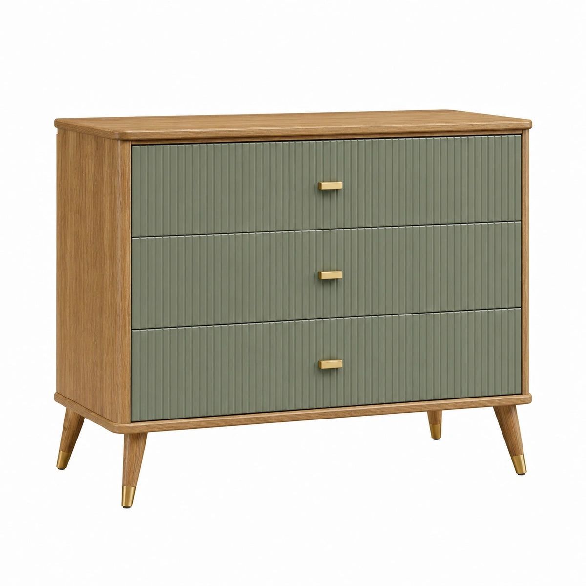 Commode en bois vert sauge avec 3 tiroirs dans un style rétro, dimensions 100x40x90 cm, meuble de rangement Xelqavi.