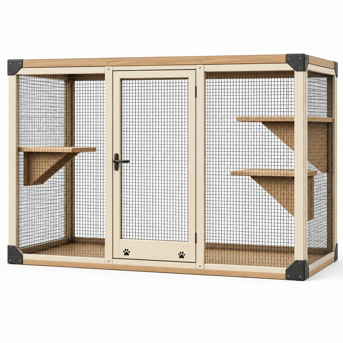 Enclos pour chat Xelqavi en bois et métal beige, 180x100x180 cm avec étagères pour espace sécurisé.