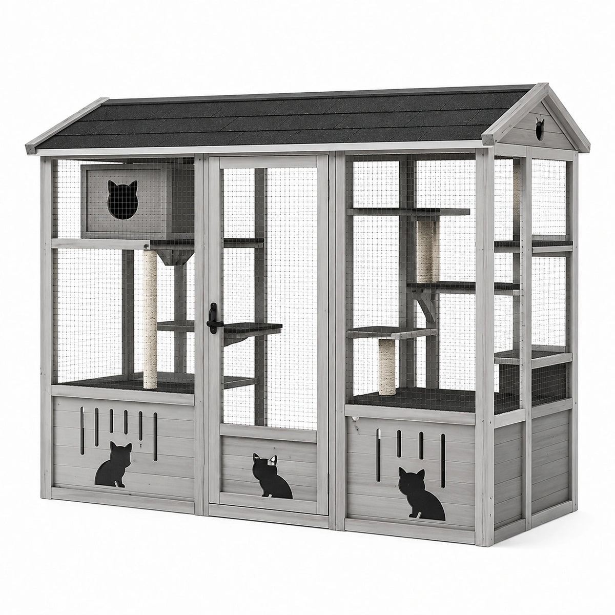 Enclos extérieur pour chat Xelqavi en bois gris avec grillage, niches et dimensions 180 x 90 x 180 cm, pour espace sécurisé.