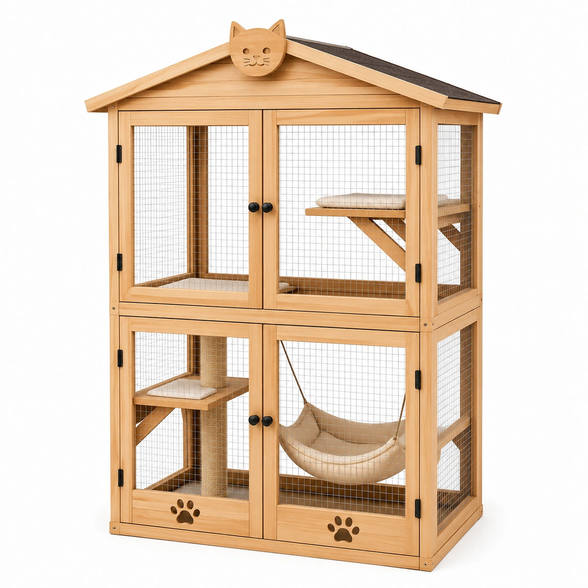 Enclos pour chat Xelqavi en bois naturel, 120x60x180 cm, avec grillage et espace de repos pour animaux domestiques