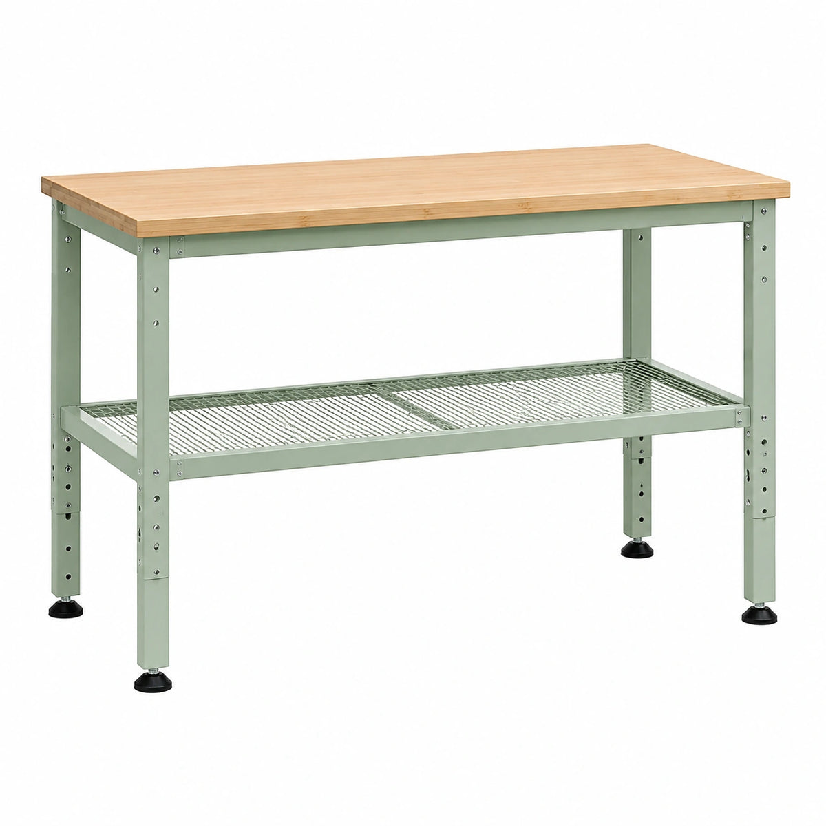 Établi Xelqavi en bambou et acier vert sauge, 120x60x90 cm avec étagère grillagée réglable, surface de travail robuste et moderne