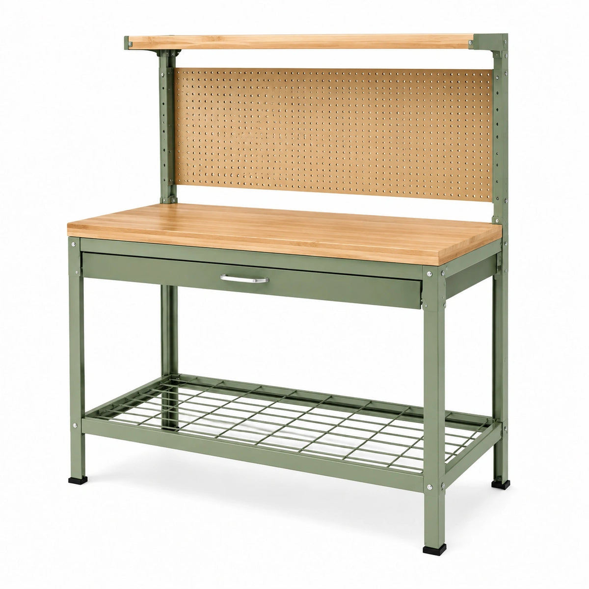Établi Xelqavi en acier vert et bois naturel, 120x60x155 cm avec panneau perforé et tiroir pour atelier.