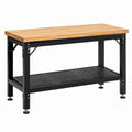 Établi d'atelier Xelqavi en bois et acier noir, 120x60x85 cm avec tablette perforée pour rangement et travail.