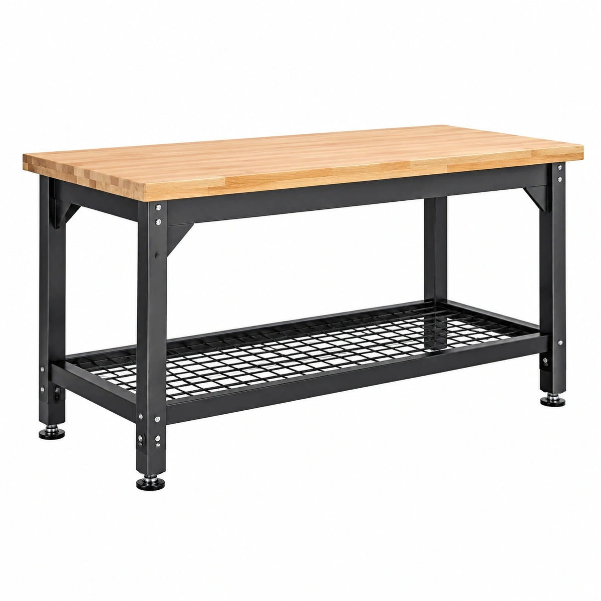 Établi en bois et acier noir Xelqavi, dimensions 120x60x85 cm avec étagère de rangement pour atelier ou bricolage.