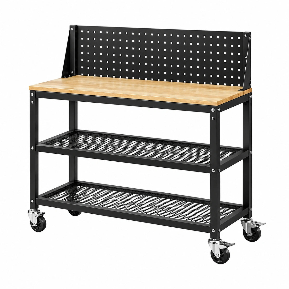 Établi d'atelier Xelqavi en acier noir et bois naturel, mobile avec panneau perforé pour rangement et organisation.